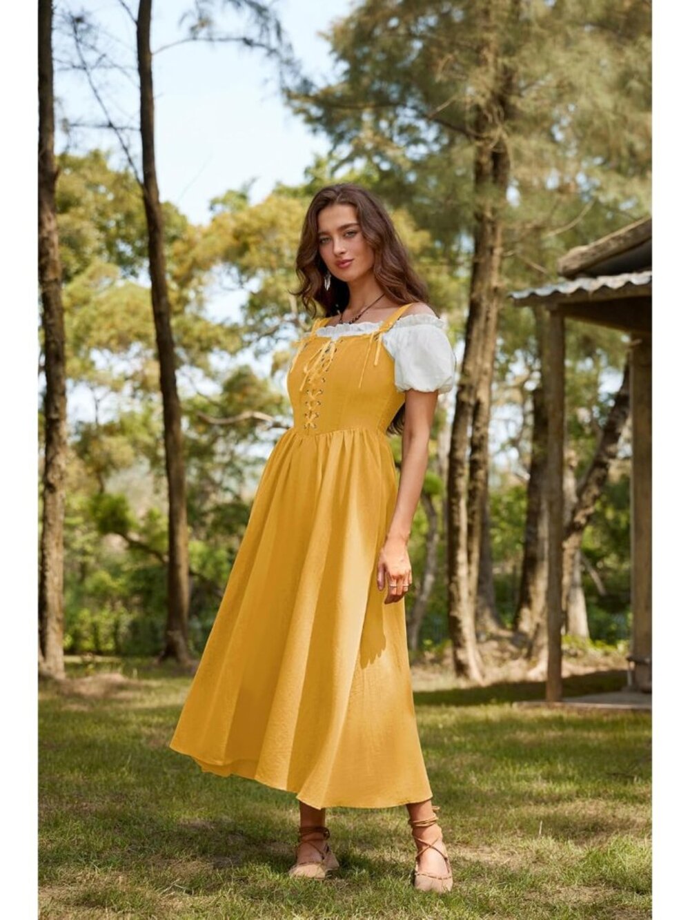 Women's Yellow Cottage Core Long Sleeveless Lace Up Imported Costume Dress - Picture 3 of 6